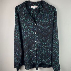 Fever Long Sleeve Button-Front Blouse in Teal Scroll Print Size XL